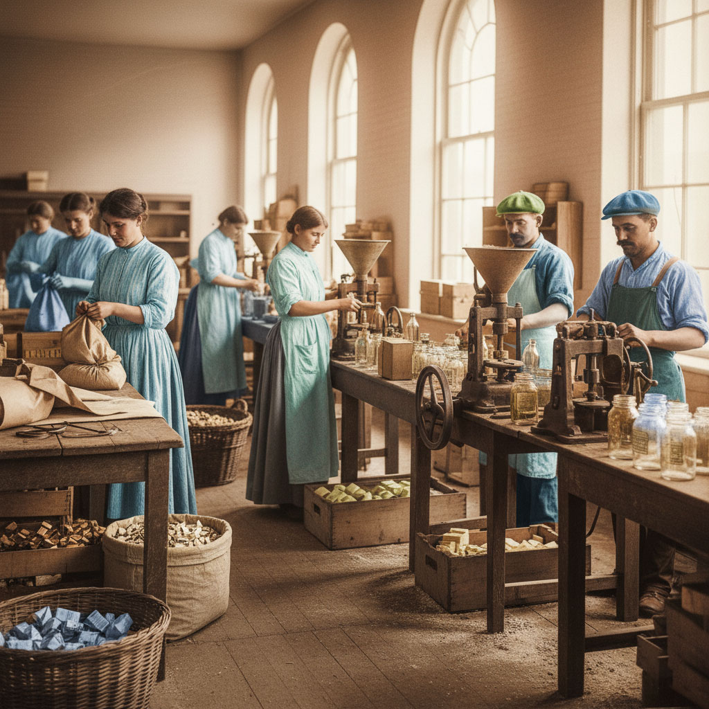 Maquinaria de embalaje manual y mecánica antigua utilizada en las fábricas antes de la automatización.