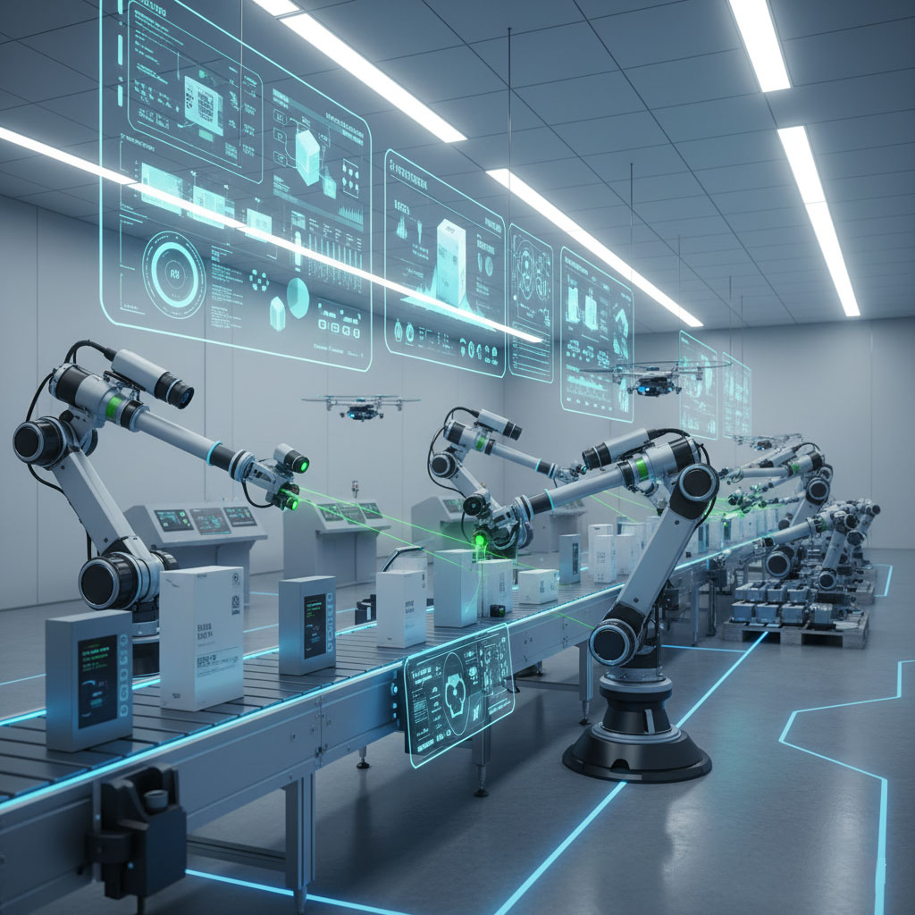 Maquinaria de envasado inteligente con IoT, sistemas de visión y funciones de automatización inteligente.